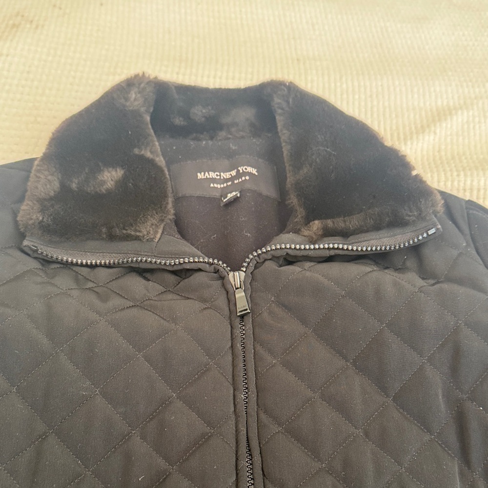 Marc New York Black Quilted Coat with Faux Fur